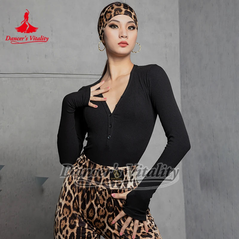 Women's Pink Ribbed Long Sleeve V-Neck Bodysuit with Thumbholes, Latin Ballroom Dance
