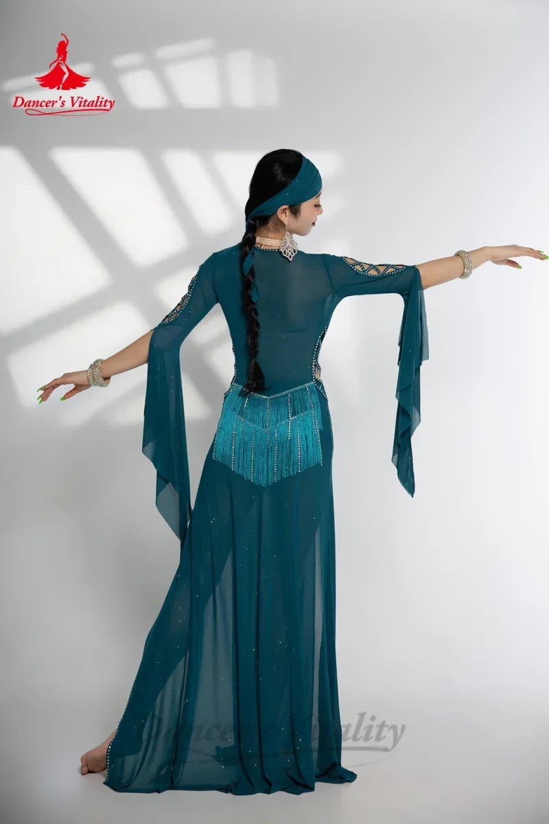 Belly Dance Dress Women Blue Sequin Rhinestone Mesh Long Sleeve Slit Maxi Gown