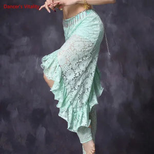 Belly Dance Skirt Women's Black Lace Asymmetrical Ruffled High-Slit Skirt with Hip Scarf and Leggings for Belly Dance Performance