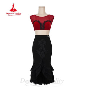 Women's Red and Black Lace Mesh Off-Shoulder Crop Top and Ruffled Slit Skirt Latin Dancewear