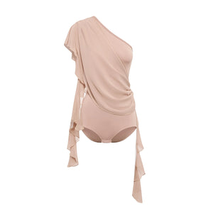 Women's Nude Chiffon One-Shoulder Ruffle Bodysuit & Skirt Latin Dancewear Set