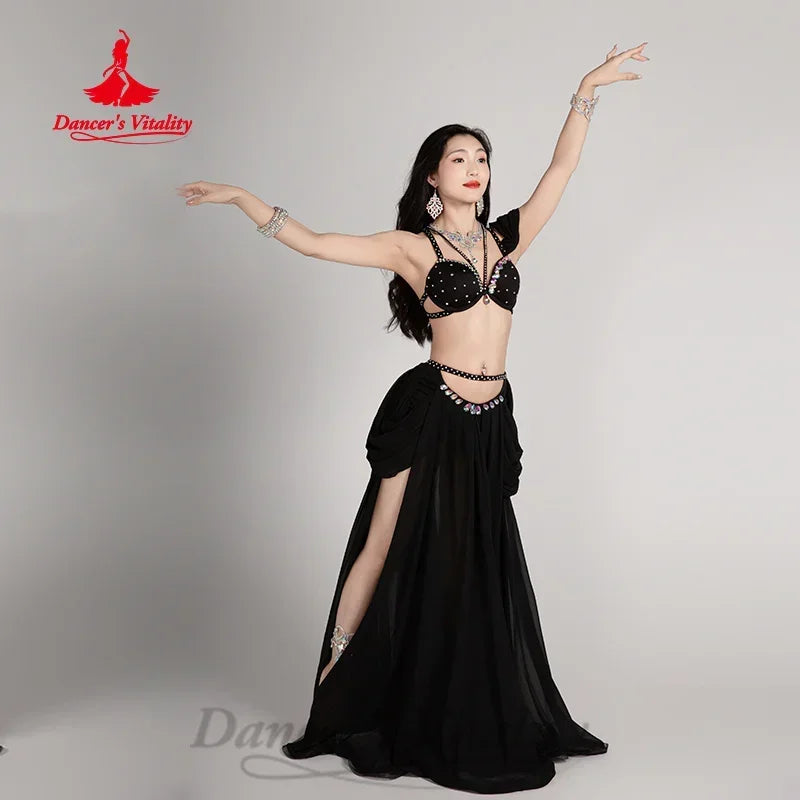 Belly Dance Costume, Women's Hot Pink Chiffon Beaded Halter Top & Skirt Set, Flowy Performance Apparel