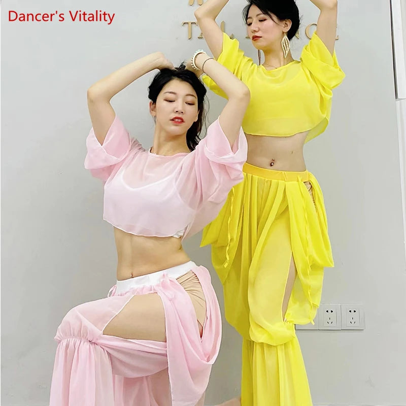 Belly Dance Women's Royal Blue Sheer Chiffon Cropped Top and Flowy Skirt Set with Side Slits