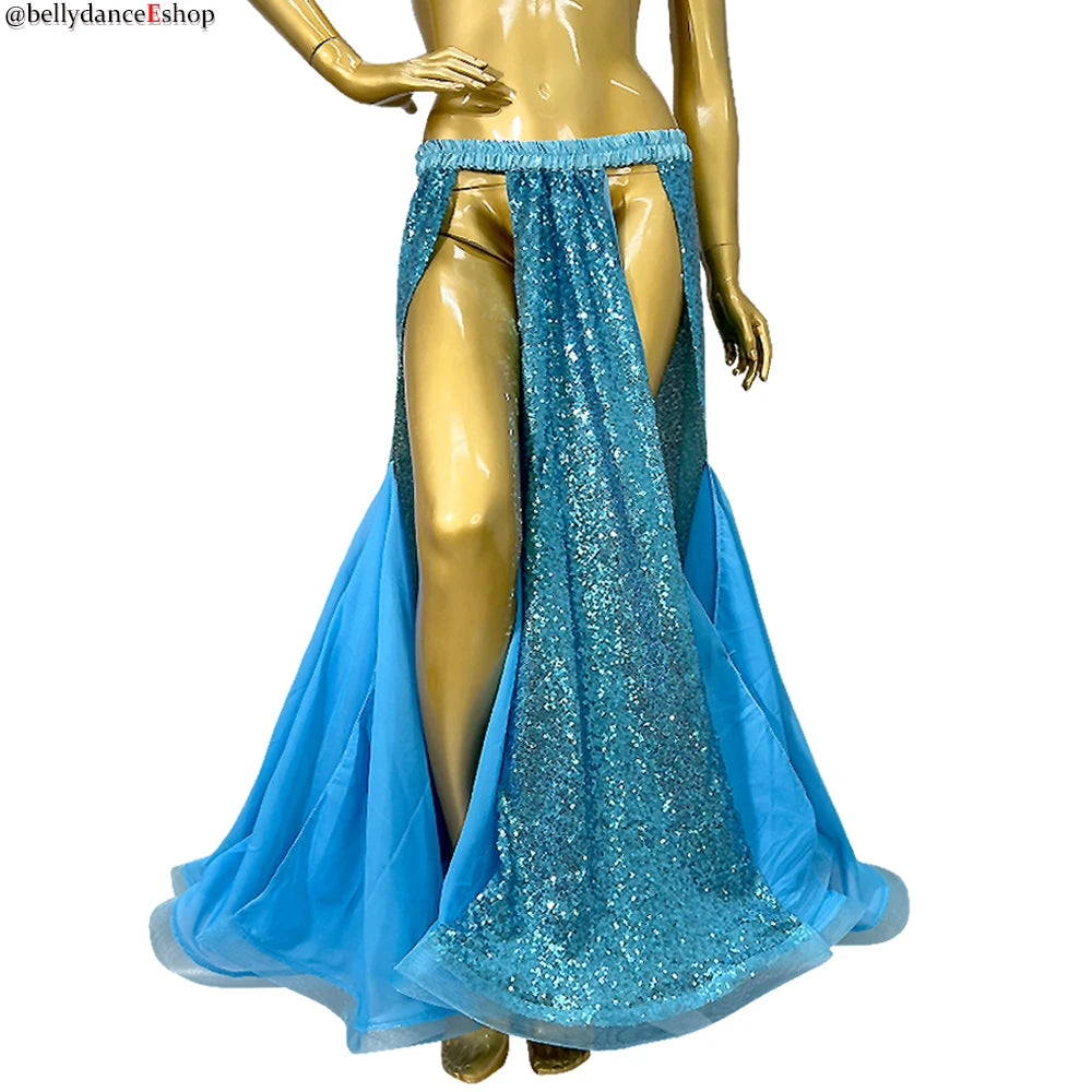 Belly Dance Women's Red Sequin Slit Skirt Chiffon Long Skirt with Elastic Waistband