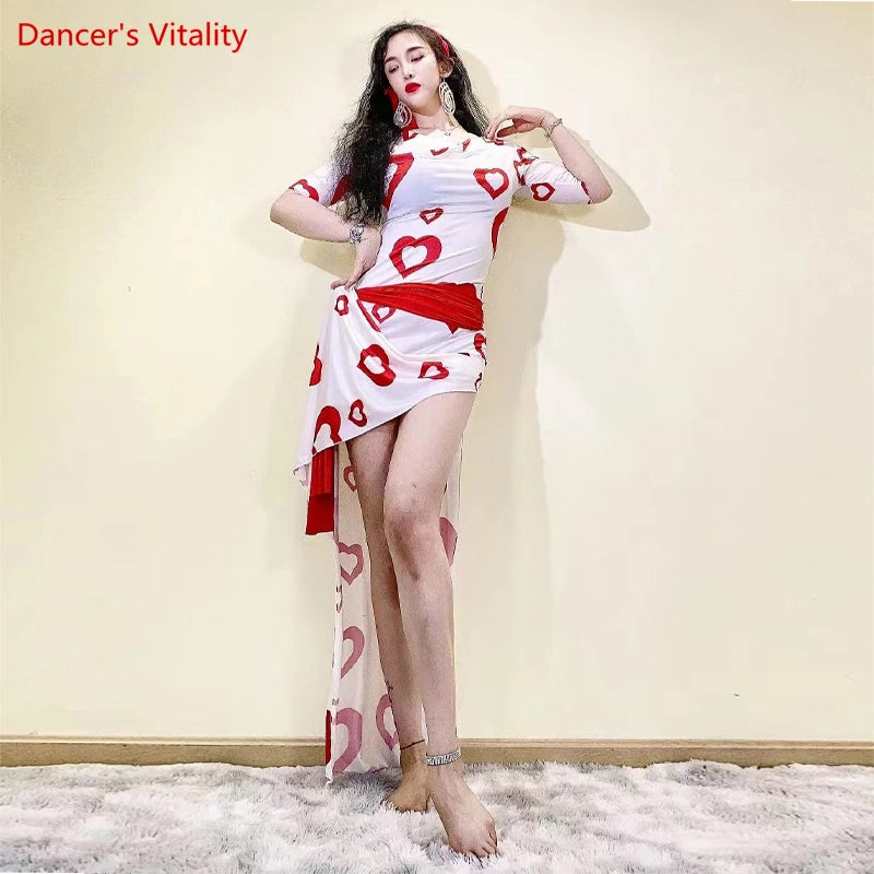 Women's Green & Red Heart Print Latin Dance Dress with Ruffled Hem