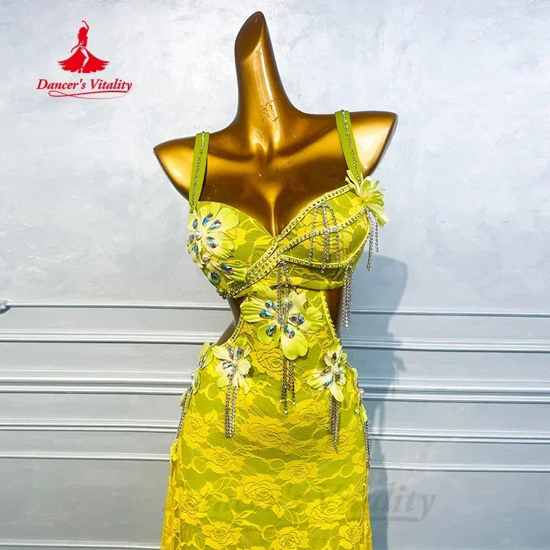 Latin Dance Dress Women's Neon Green Lace Beaded Fringe Backless Slit Salsa Rumba Tango Performance Gown