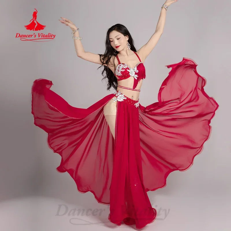 Belly Dance Costume Women Hot Pink Sequin Fringe Bra & Slit Skirt Set Chiffon Performance Outfit