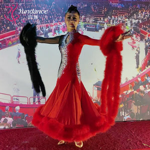 Women's Custom Competition Ballroom Dance Dress With Velvet Fabric For Performance