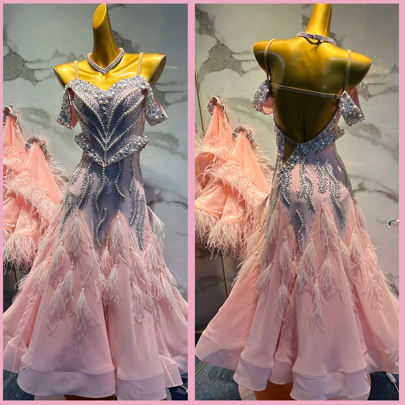 Women's Pink Embellished Feather Ballroom Dance Dress