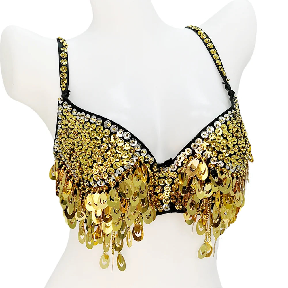 Belly Dance Bra Top, Women's Sequin & Bead Embellished Fringe Costume Top, Multiple Colors Available