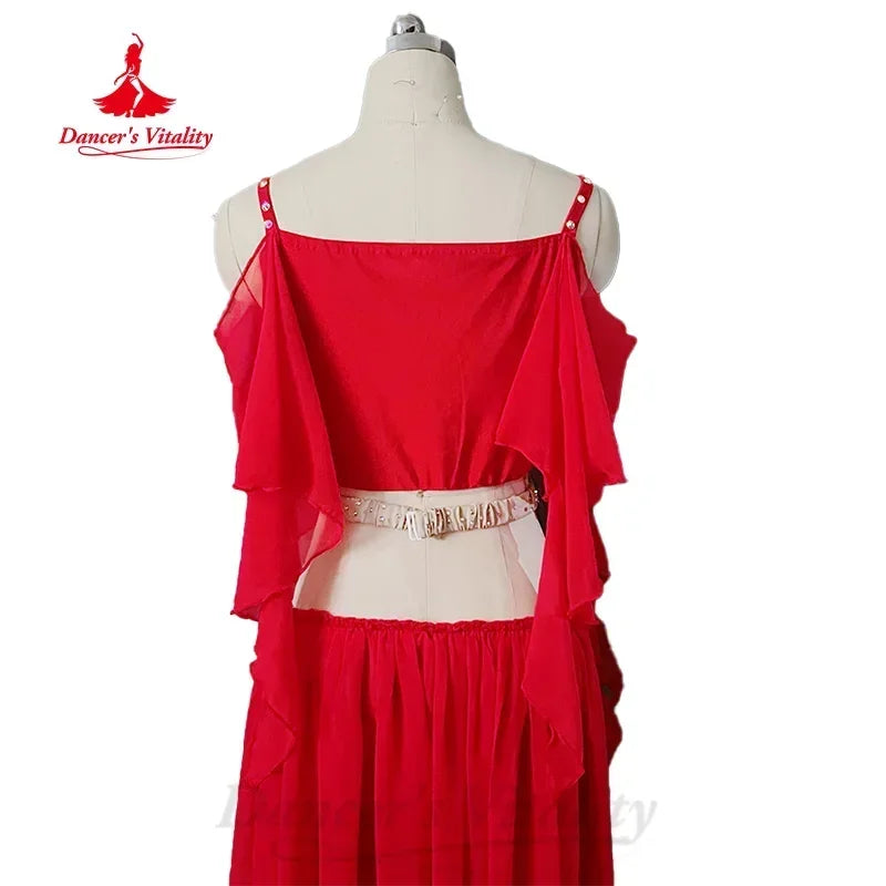 Belly Dance Costume Women's Red Chiffon Cold Shoulder Crop Top and Long Skirt Set