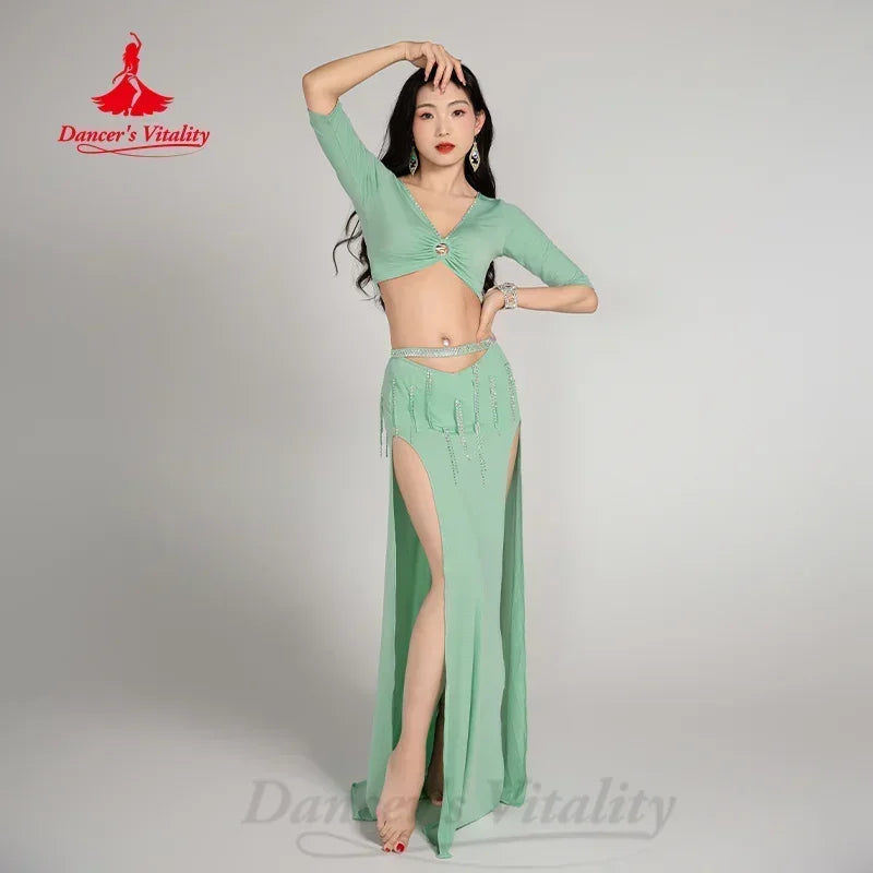Belly Dance Costume Women Light Green V-Neck Crop Top with Half Sleeves and High-Slit Maxi Skirt with Rhinestone Fringe