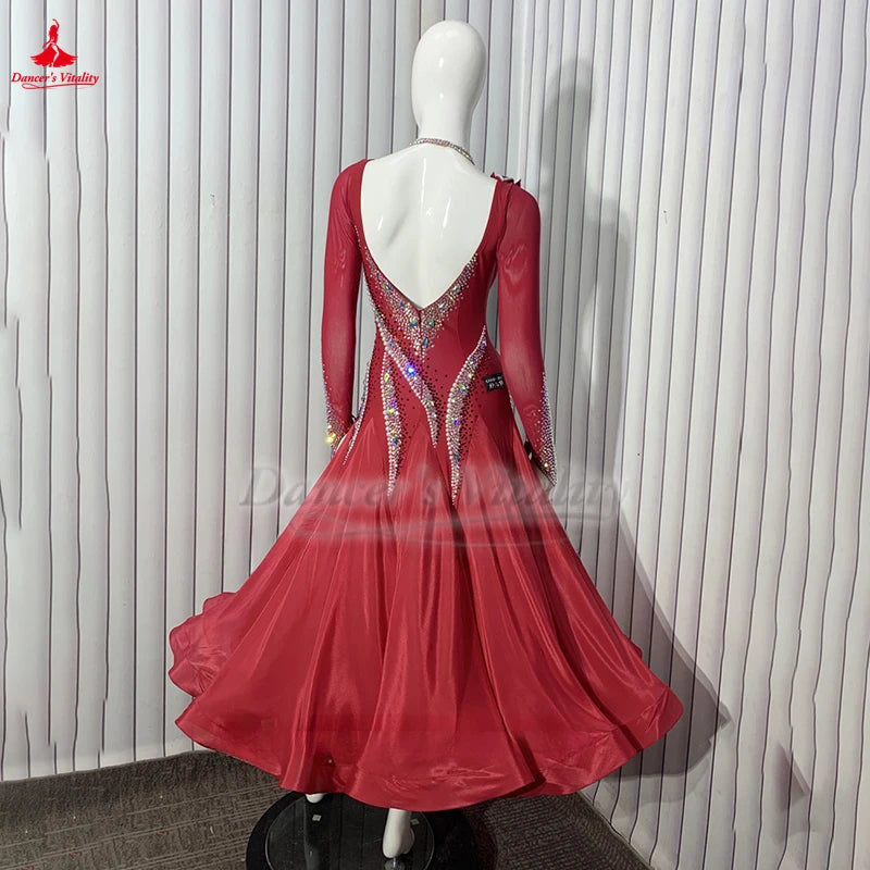 Women's Standard Ballroom Dance Dress With AB Rhinestones And Long Sleeves For Waltz Foxtrot Tango Competition