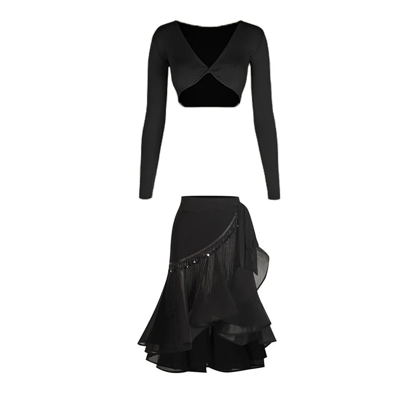 Women's Black Long Sleeve Knot Front Crop Top and Leopard Print Ruffle Skirt Latin Dancewear Set