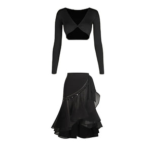 Women's Black Long Sleeve Knot Front Crop Top and Leopard Print Ruffle Skirt Latin Dancewear Set