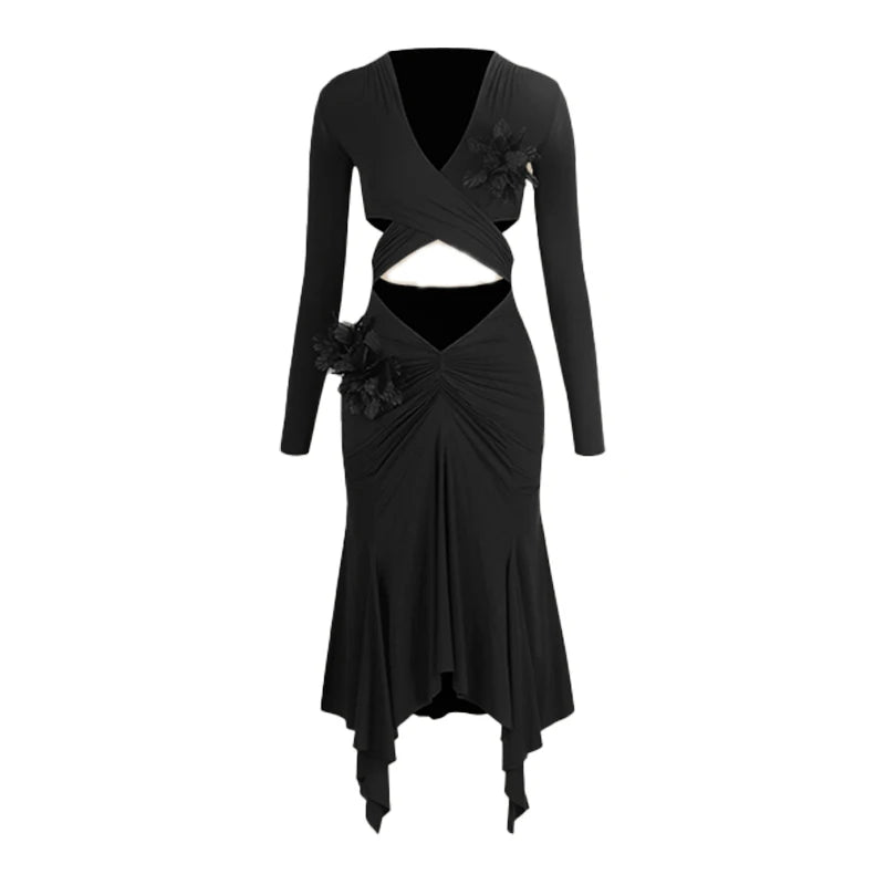 Women's Leopard Print Long Sleeve Cutout Ruched Asymmetrical Hem Latin Dance Dress