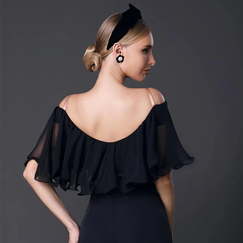 Women's Black Chiffon Off-Shoulder Ruffle Top & Wide-Leg Pants Latin Dancewear Set