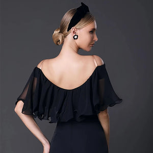 Women's Black Chiffon Off-Shoulder Ruffle Top & Wide-Leg Pants Latin Dancewear Set