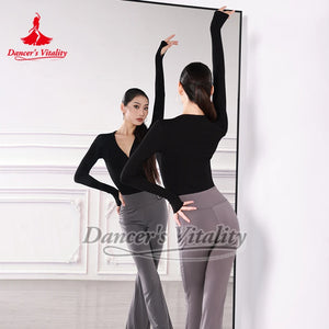 Women's Pink Ribbed Long Sleeve V-Neck Bodysuit with Thumbholes, Latin Ballroom Dance