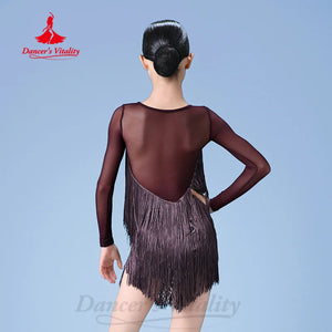 Women's Beige Fringe Latin Dance Dress with Long Sleeves, Ballroom Rumba Cha Cha Samba Tango Costume