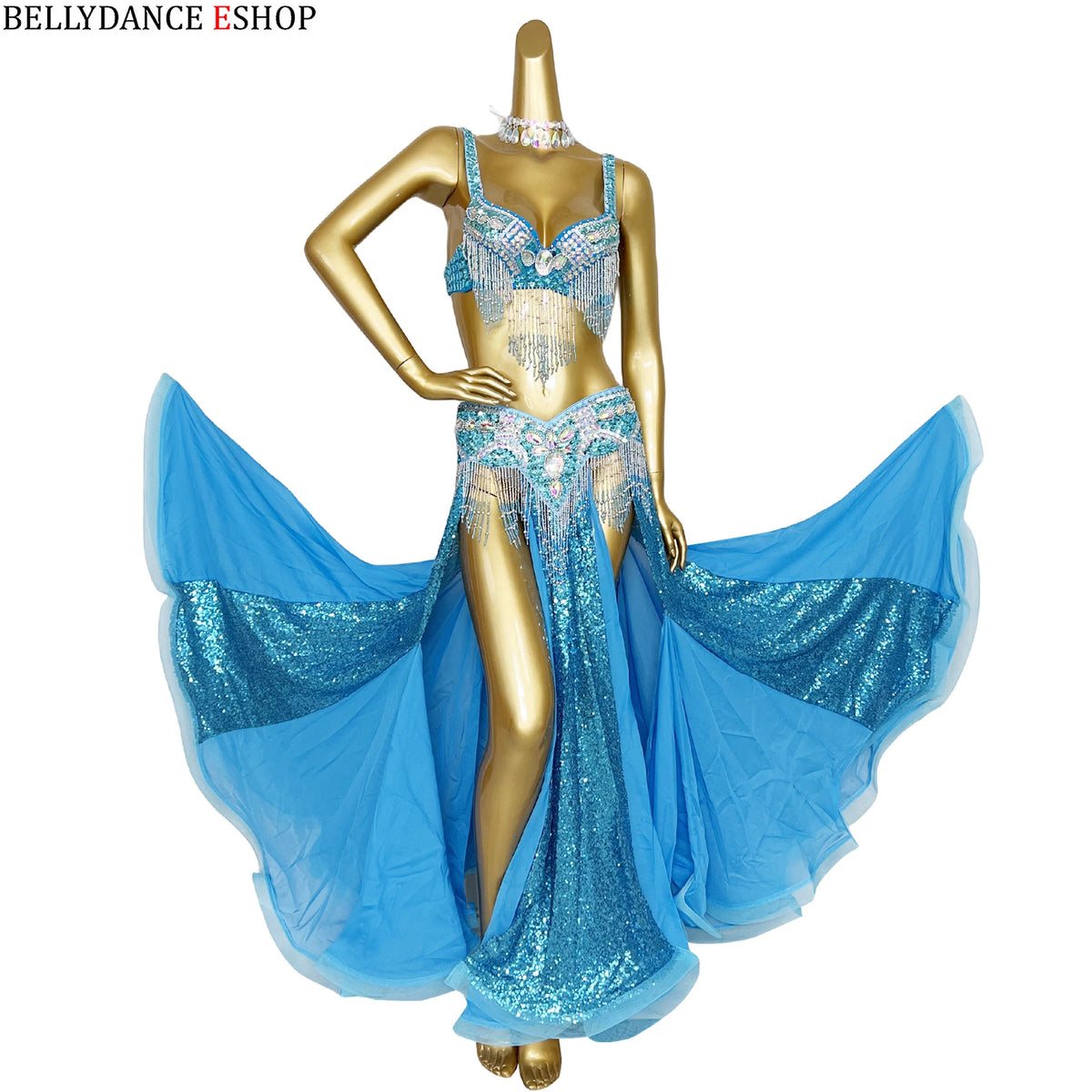 Belly Dance Costume Women Yellow & Gold Sequin Chiffon Bra Belt Skirt Set with Rhinestone Fringe