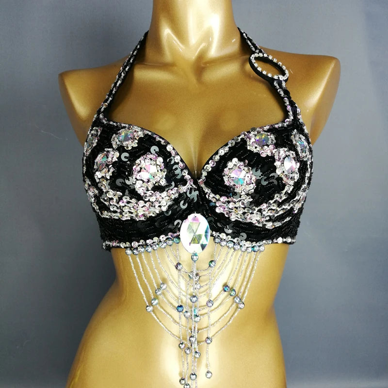 Belly Dance Halter Top, Women's Teal Sequin & Beaded Crystal Bra with Dangles, Performance Costume