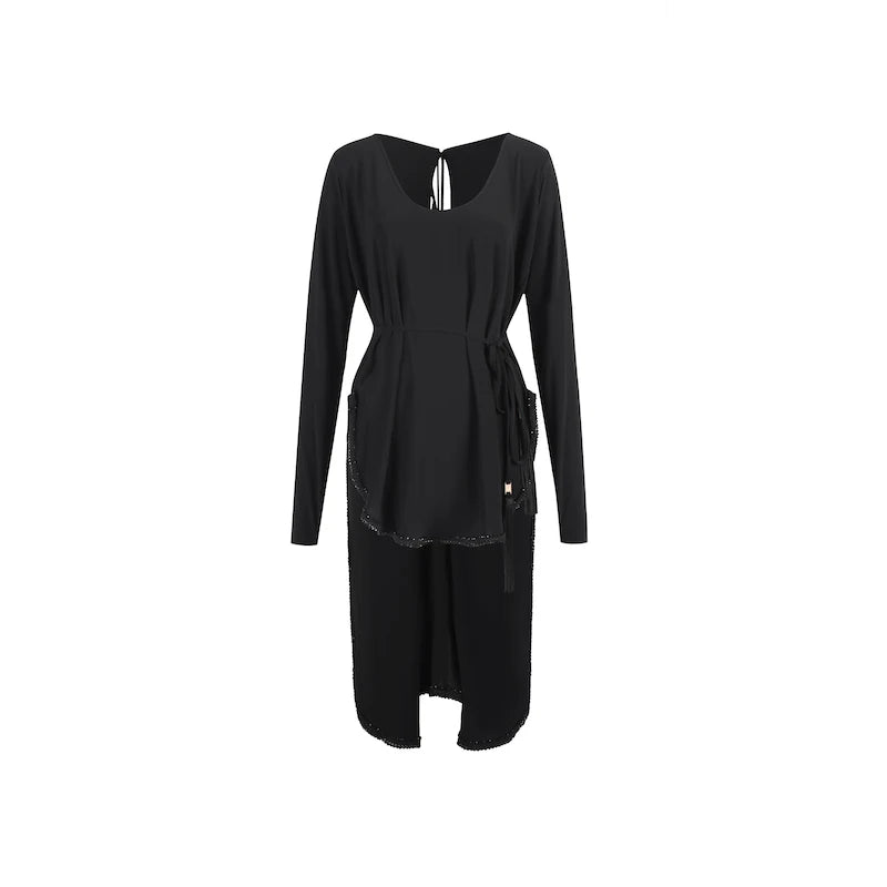 Women's Black Mesh Long Sleeve Latin Dance Dress with Fringe Skirt