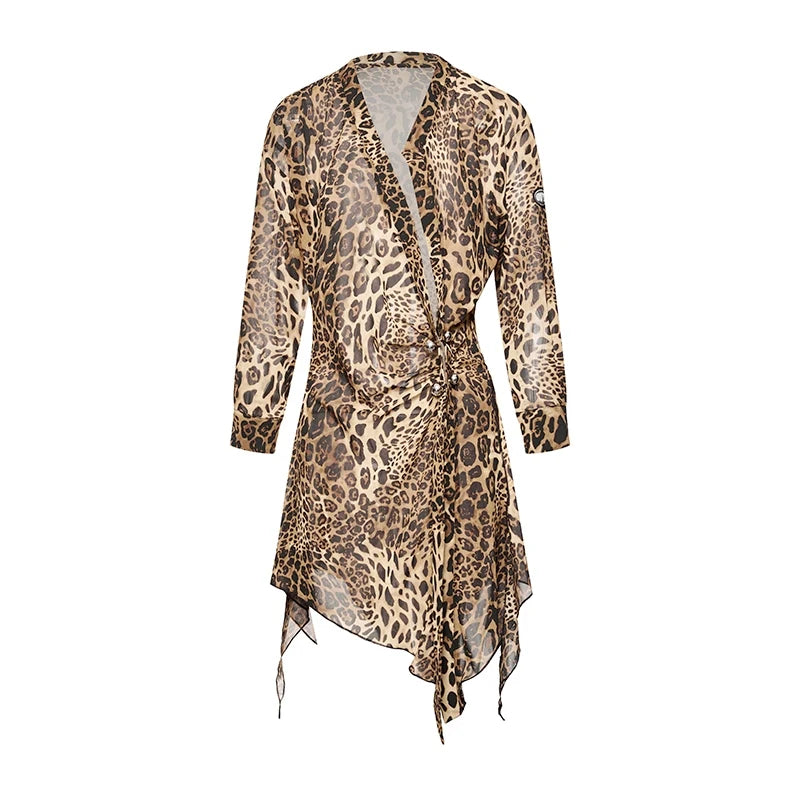 Women's Brown Leopard Print Chiffon Asymmetrical Tunic Top with Black Flare Dance Pants - Latin Ballroom