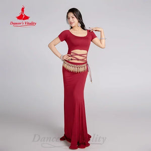 Belly Dance Dress Women Teal Short Sleeve Cut-Out Rhinestone Slit Mermaid Maxi Skirt with Hip Scarf