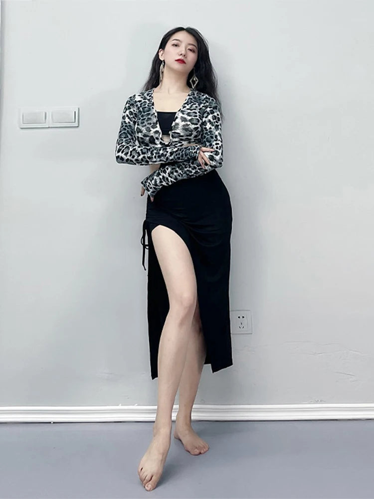 Women's Leopard Print Long Sleeve Crop Top & Black Slit Skirt Set - Latin Dancewear