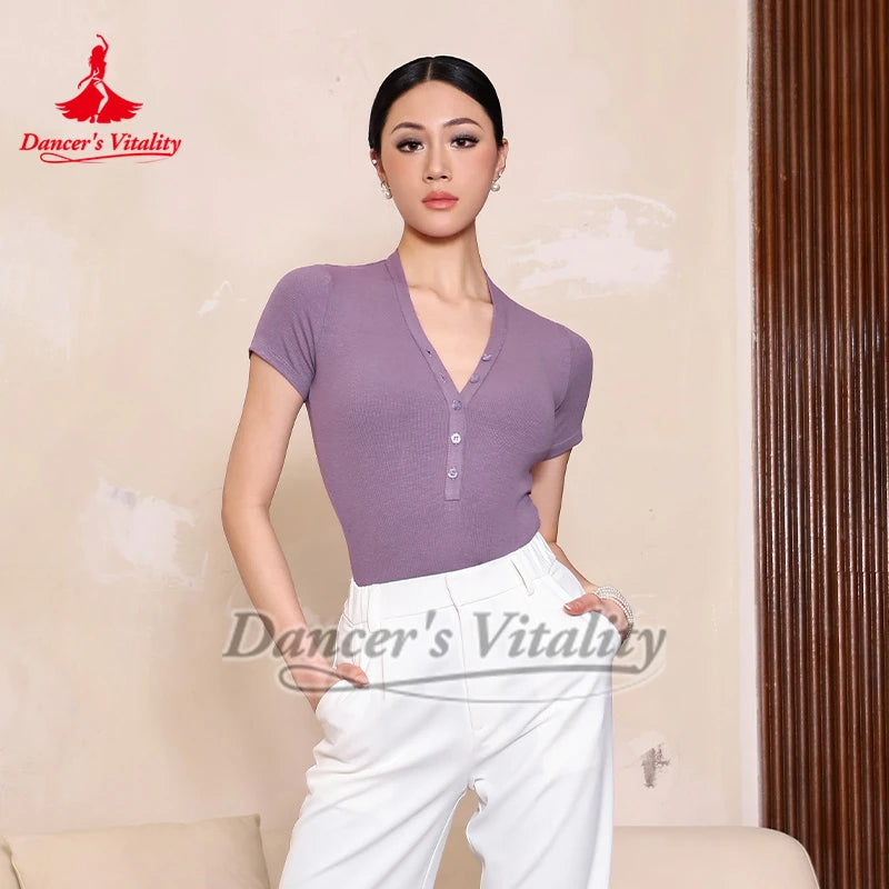 Women's Pink Ribbed Long Sleeve V-Neck Bodysuit with Thumbholes, Latin Ballroom Dance