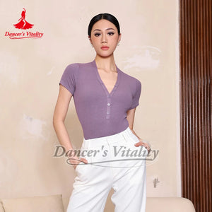 Women's Pink Ribbed Long Sleeve V-Neck Bodysuit with Thumbholes, Latin Ballroom Dance