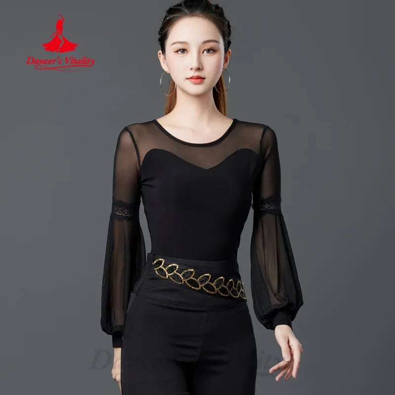 Women's Black Mesh Long Sleeve Blouse with Lace Detail for Latin Dance