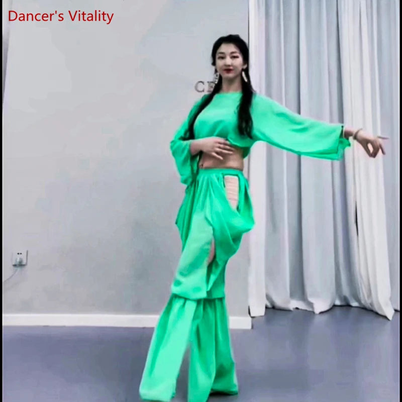 Women's Belly Dance Training Outfit With Long-Sleeve Top And Chiffon Lantern Pants