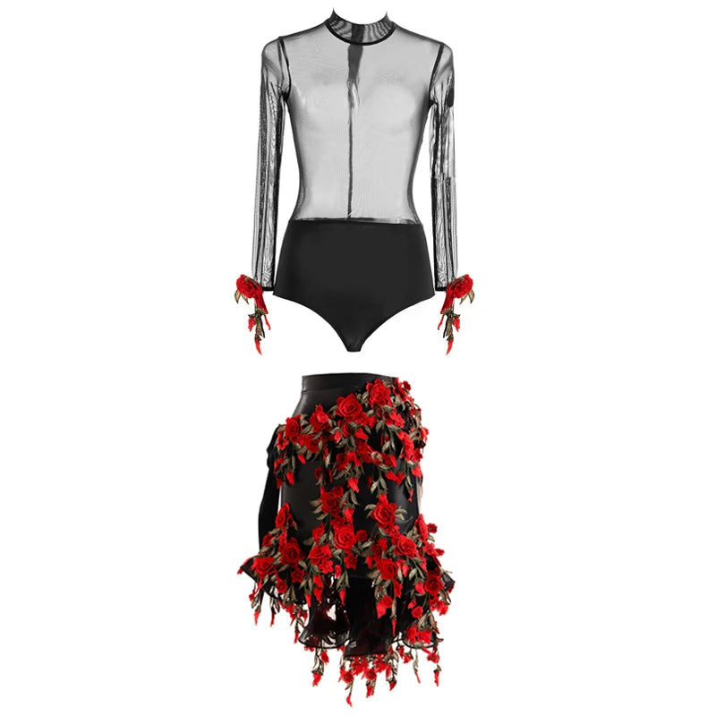 Women's Black Sheer Mesh Bodysuit & Rose Applique Asymmetrical Skirt Latin Dancewear Set