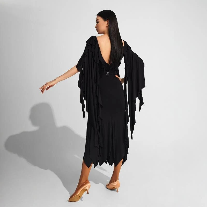 Women's Black Ruffled V-Neck Long Sleeve Mermaid Ballroom Latin Dance Dress