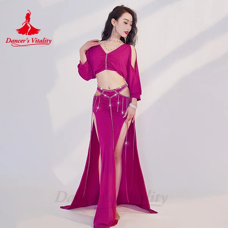 Women's Green V-Neck Crop Top and Slit Pants Set with Rhinestone Tassels, Belly Dance Costume