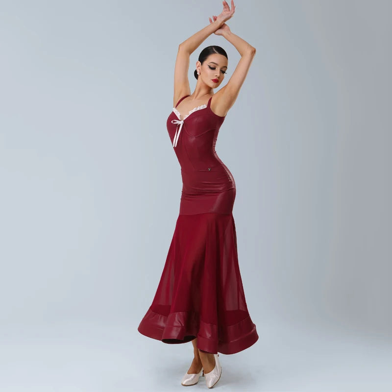 Women's Red Faux Leather & Chiffon Mermaid Latin Dance Dress with Ruffle Trim & Tie Detail