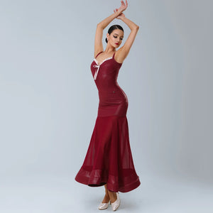 Women's Red Faux Leather & Chiffon Mermaid Latin Dance Dress with Ruffle Trim & Tie Detail