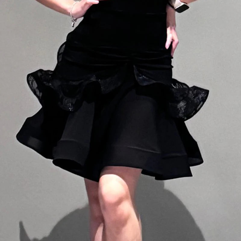 Women's Black Mesh Ruffled Latin Rhythm Salsa Dance Dress