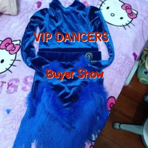 Girls Royal Blue Velvet Fringed Latin Dance Dress with Feather Cuffs and Hem, Mock Neck Crop Top and Skirt Set