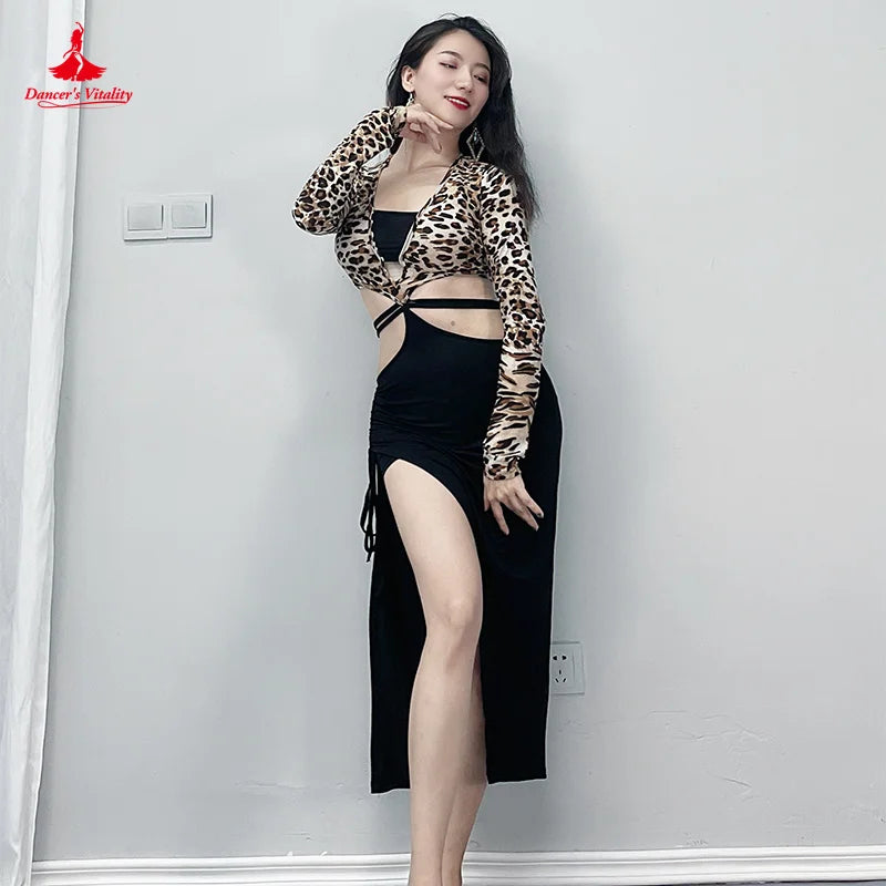 Women's Leopard Print Long Sleeve Crop Top & Black Slit Skirt Set - Latin Dancewear