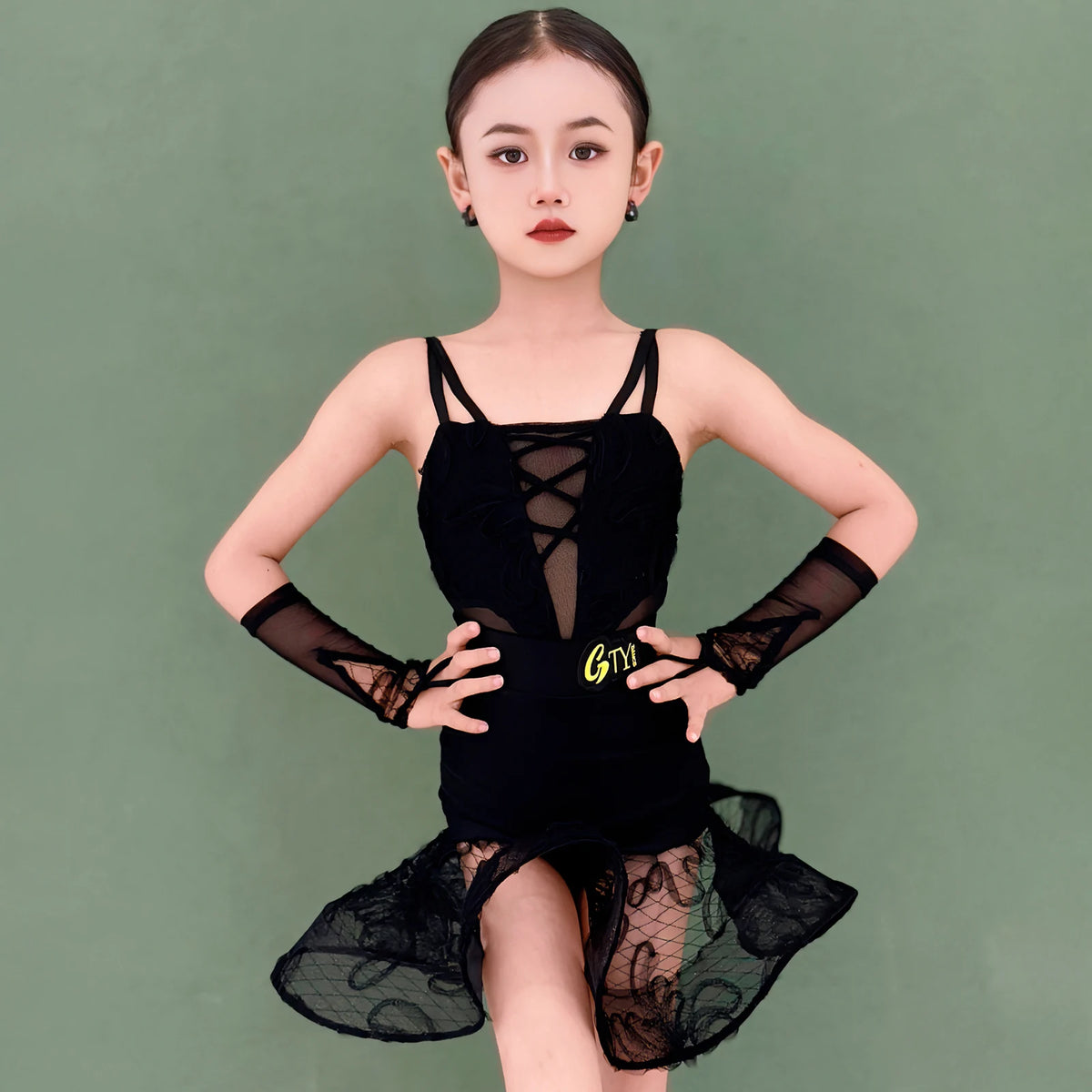 Girls Pink Lace Floral Mesh Latin Dance Dress with Arm Sleeves and Skirt Ruffle