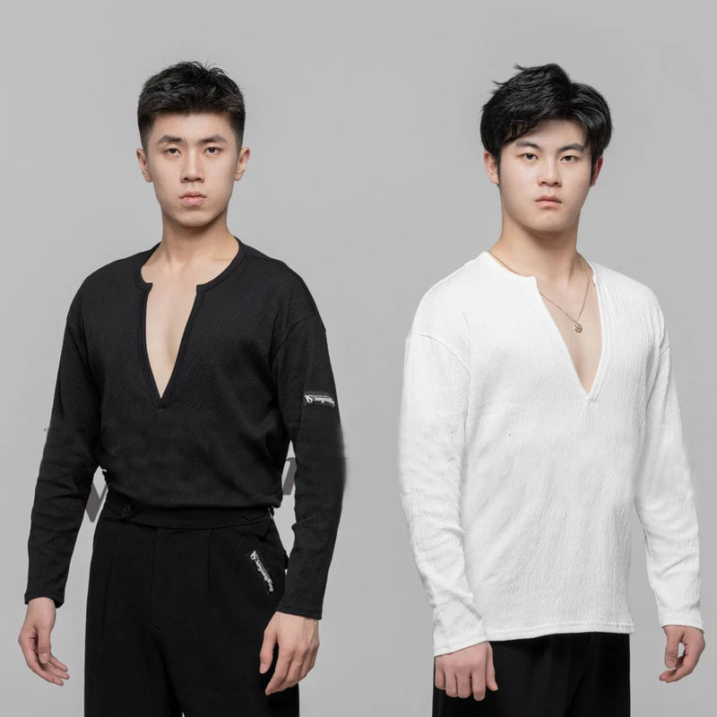 Men's Black & White V-Neck Long Sleeve Textured Latin Dance Shirt