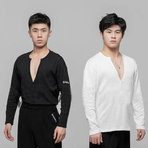 Men's Black & White V-Neck Long Sleeve Textured Latin Dance Shirt