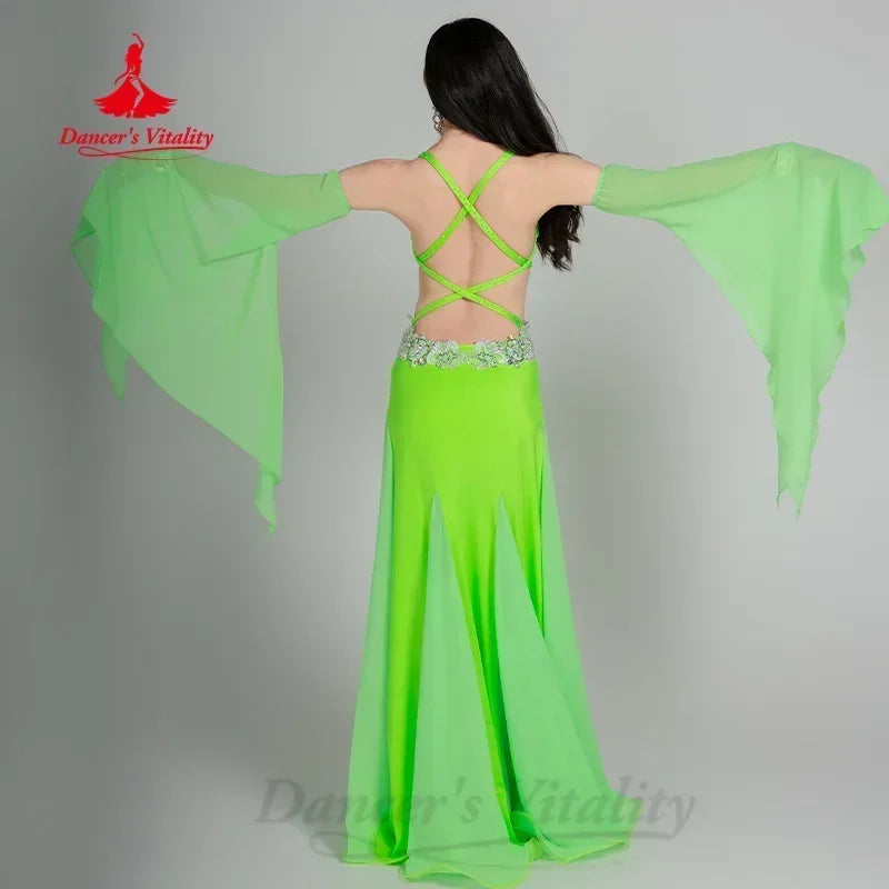 Women's Belly Dance Costume 3-Piece Set With Rhinestone Bra, Sleeves, Long Chiffon Skirt For Performance