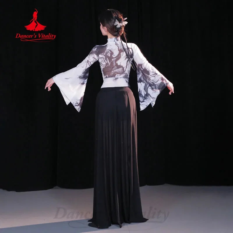 Women's Belly Dance Two-Piece Practice Set With Long-Sleeve Top And Long Tassel Skirt For Training