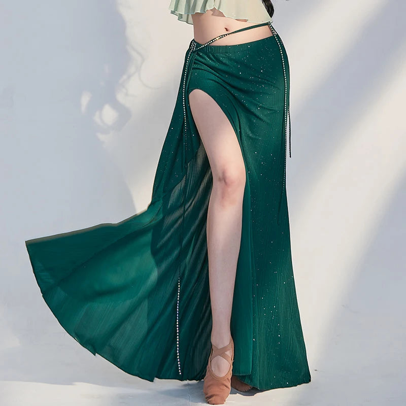 Women's Green Glitter Slit Maxi Skirt & Ruffled V-Neck Top Belly Dance Costume