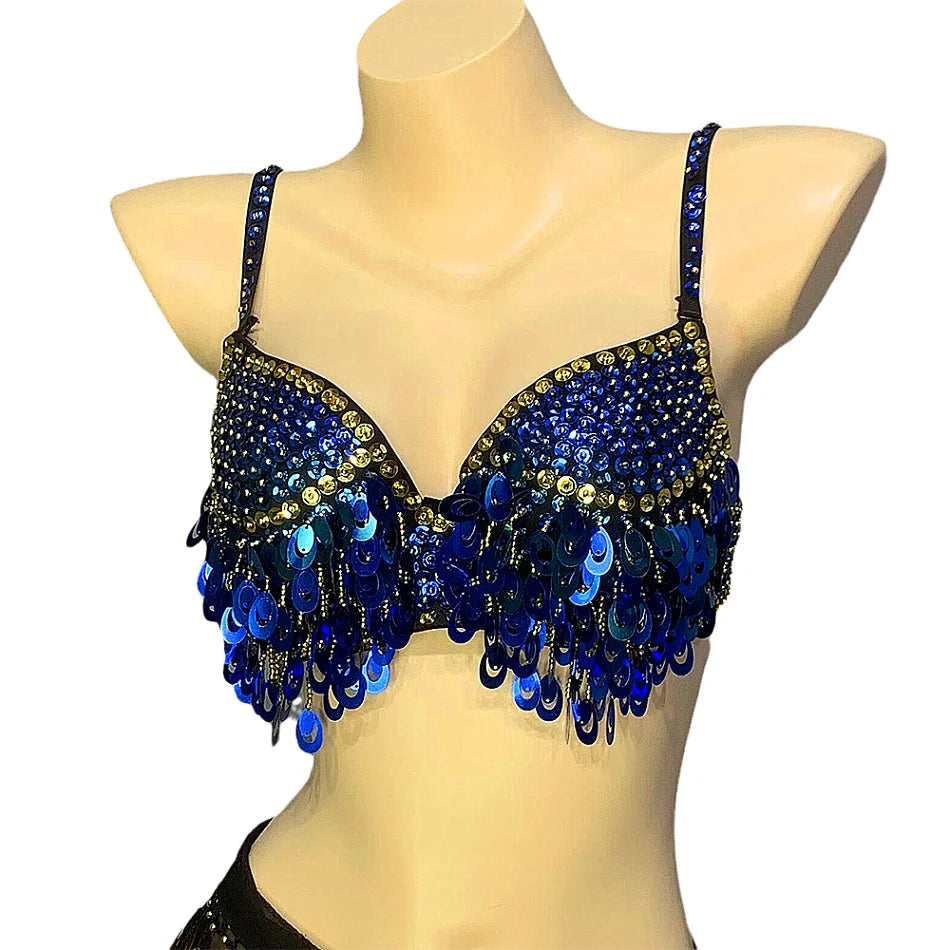 Belly Dance Bra Top, Women's Sequin & Bead Embellished Fringe Costume Top, Multiple Colors Available