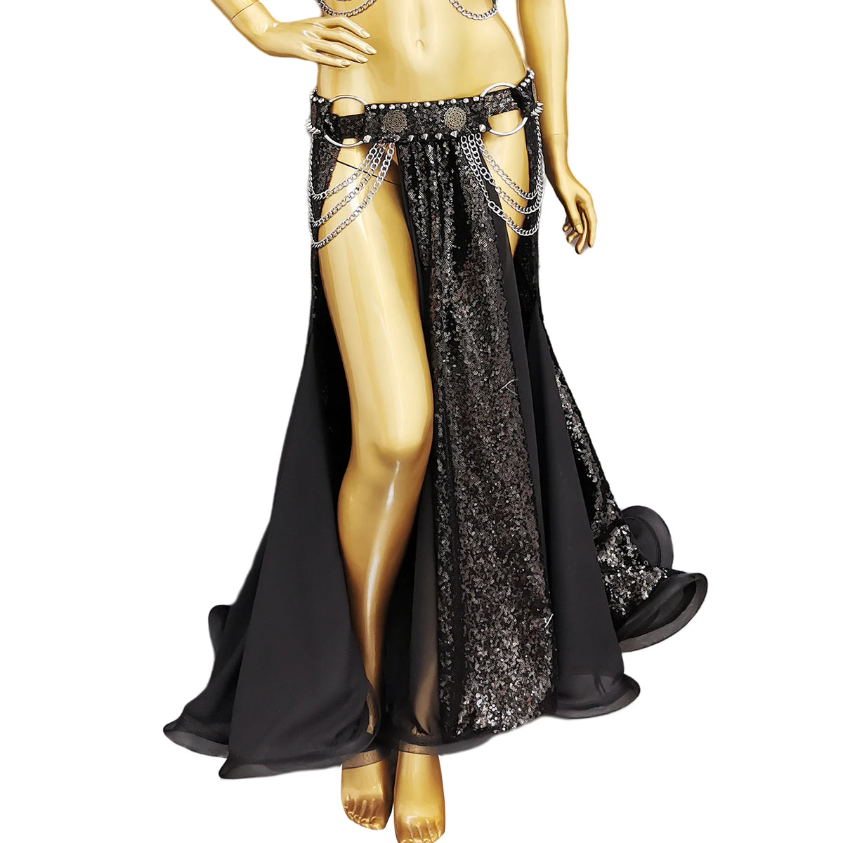 Belly Dance Women's Red Sequin Slit Skirt Chiffon Long Skirt with Elastic Waistband